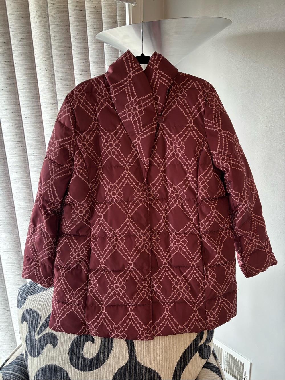 dennis basso Quilted Wine Red Geometric Puffer Coat
